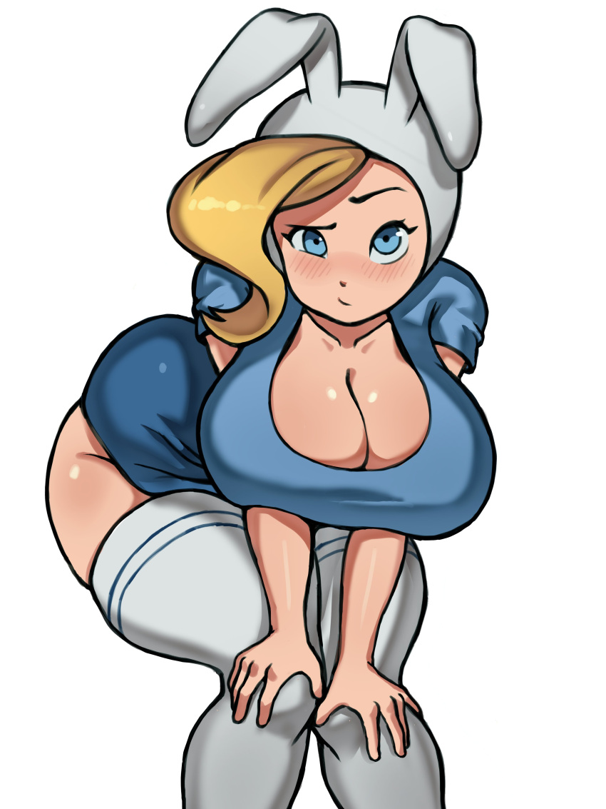 adventure_time ass big_ass big_breasts blonde_hair blue_eyes blush breasts eyebrow_raise female female_only fionna_the_human_girl hands_on_knees kneehighs looking_at_viewer pokpa shluv98bu skirt thick_thighs thigh_highs thighhighs wide_hips