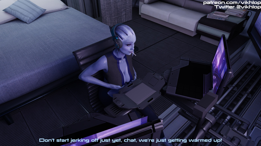 1girls 3d asari big_breasts blender comic_panel english_text female female_only headphones liara_t'soni mass_effect omni-tool partially_clothed solo streamer streaming sweat text vikhlop x-ray