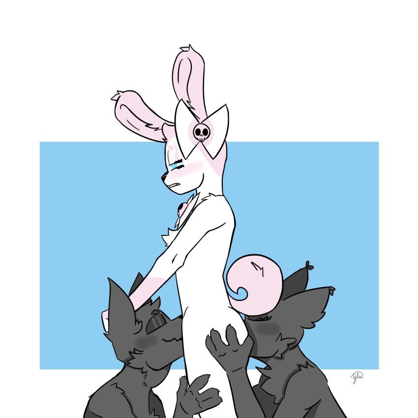 anal anthro black_body black_fur blue_eyes blush bow_tie closed_eyes curled_tail ears_back ears_up eeveelution flushed fur generation_6_pokemon glu_(artist) glu_(character) grey_body grey_fur group group_sex hand_on_head hi_res hybrid lagomorph leporid male male/male male_only mammal neck_bulge nintendo nude oral oral_penetration oral_sandwich penetration pink_body pink_fur pink_tail pivoted_ears pokemon pokemon_(species) rabbit raised_tail rimming sex simple_background standing standing_sex sylveon threesome trio video_games white_body white_fur