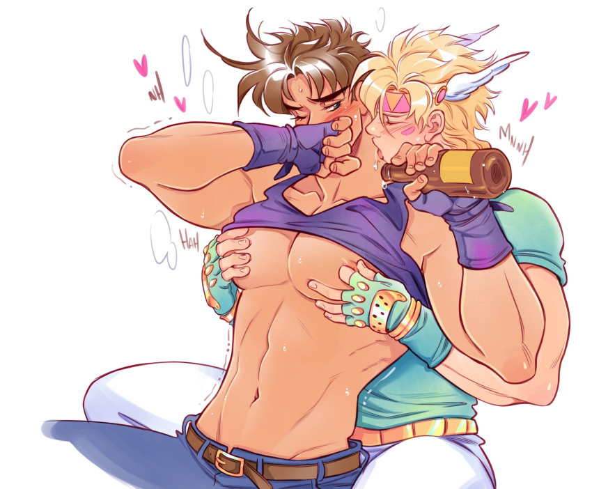 2boys alcohol bara_tiddies bara_tits battle_tendency big_pecs blonde_hair blush bottle brown_hair caesar_zeppeli clothing deli_kinkyham drinking drunk gay grabbing_pecs groping_pecs jojo's_bizarre_adventure joseph_joestar large_pecs licking_neck male male/male neck_lick nipple_pinch nipple_play nipple_tweak pec_grab pec_grasp pec_grope pecs shirt_lift teasing white_background yaoi