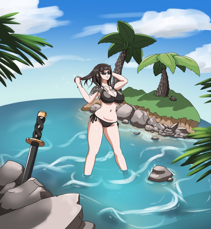 1girls bikini black_eyes black_hair female hand_in_hair library_of_ruina nsfw_puffles project_moon sayo sayo_(library_of_ruina) sunglasses swimsuit tagme tattoo tattoos water