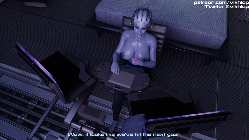 1girls 3d asari big_breasts blender comic_panel english_text female female_only headphones liara_t'soni mass_effect omni-tool partially_clothed solo streamer streaming sweat text vikhlop x-ray