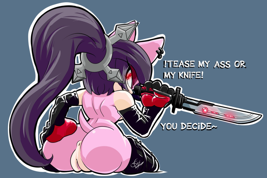 anthro anus ass dominatrix elbow_gloves english_text femdom implied_femdom knife latex looking_at_viewer looking_back_at_viewer pussy samfoxslayer sonic_(series) star_the_spineless_hedgehog weapon