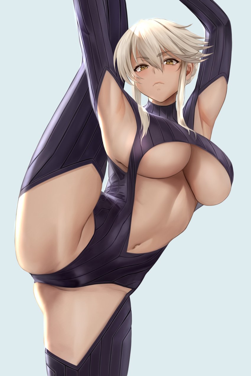 1girls armpits arms_up artoria_pendragon artoria_pendragon_(lancer_alter) bangs belly belly_button big_breasts black_bodysuit blonde_female blonde_hair blonde_hair braid breasts center_opening closed_mouth fate/grand_order fate_(series) female female_focus female_only french_braid large_breasts leg_lift legs_up light-skinned_female light_skin long_hair looking_at_viewer only_female pale-skinned_female pale_skin revealing_clothes ribbed_bodysuit serious_look sidelocks simple_background solo solo_female solo_focus splits standing standing_on_one_leg standing_split stomach stretching thighs turtleneck_bodysuit underboob yamaneko_(tkdrumsco) yellow_eyes