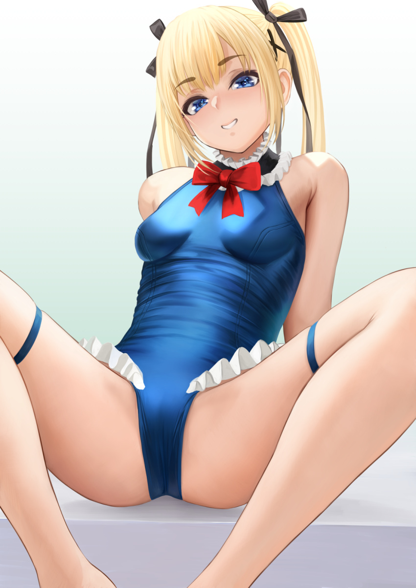 1girls bare_shoulders black_ribbon blonde_female blonde_hair blue_eyes blue_one-piece_swimsuit blush blushing_at_viewer breasts dead_or_alive dead_or_alive_5 female female_focus female_only frilled_swimsuit frills fully_clothed hair_ornament hair_ribbon head_tilt light-skinned_female light_skin long_hair looking_at_viewer marie_rose marie_rose_(devilish_servant_against_the_splashing_waves) mismatched_eyebrows one-piece_swimsuit open_mouth petite petite_body ribbon shiny_clothes simple_background small_breasts smile smiling smiling_at_viewer solo solo_female solo_focus spread_legs swimsuit teeth thigh_strap thighs twintails x_hair_ornament yamaneko_(tkdrumsco)