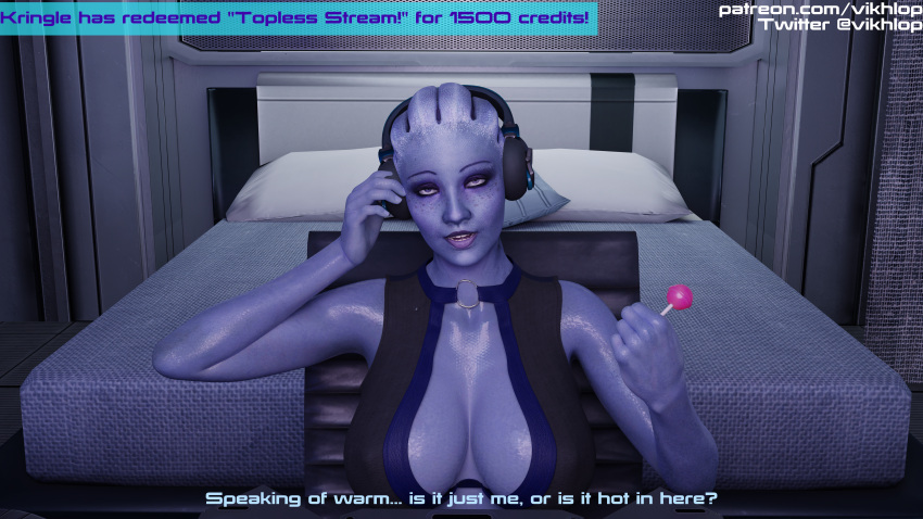 1girls 3d asari big_breasts blender comic_panel english_text female female_only headphones liara_t'soni mass_effect omni-tool partially_clothed solo streamer streaming sweat text vikhlop x-ray