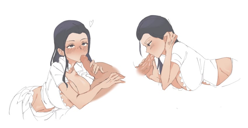 black_hair blowjob breasts clothed female female_penetrated large_breasts looking_up lushhhh male midriff nico_robin one_piece oral oral_penetration oral_sex partial_male tagme