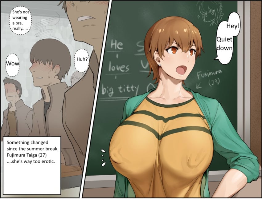 1girls 3boys big_breasts brown_hair brunette busty classroom curvy english_text erect_nipples fate/stay_night fate_(series) fujimura_taiga hard_translated huge_breasts kunaboto nipple_bulge nipples_visible_through_clothing oblivious orange_hair short_hair source_request student teacher text translated venus_body very_short_hair voluptuous