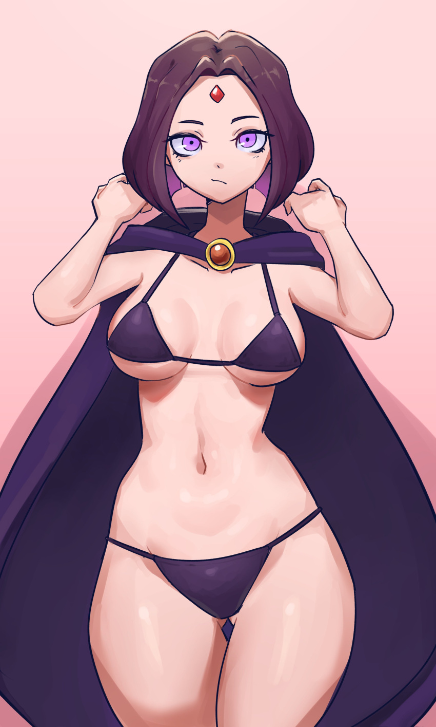 1girls bikini bob_cut breasts dc dc_comics female forehead_jewel goth goth_girl medium_breasts medium_hair navel pale-skinned_female pale_skin petite purple_eyes purple_hair rachel_roth raven_(dc) sagaandersart short_hair slim solo_female sorceress tagme teen_titans teenager