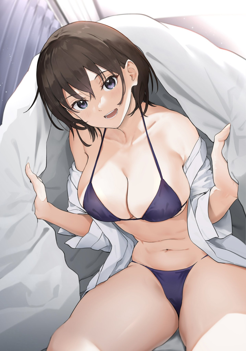 1girls bangs bare_shoulders bed bed_sheet bedroom belly belly_button big_breasts bikini breasts brown_hair cleavage collarbone crossed_bangs curtains female female_focus female_only hair_between_eyes head_tilt hi_res high_resolution highres indoors large_breasts light-skinned_female light_skin looking_at_viewer muteki_soda navel off_shoulder only_female open_clothes open_mouth open_shirt original purple_bikini purple_eyes shirt short_hair sitting smile smiling smiling_at_viewer solo solo_female solo_focus stomach string_bikini swimsuit teeth teeth_showing thighs tongue under_covers white_shirt