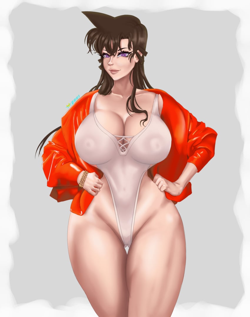 1girls blue_eyes breasts brown_hair clothed clothing detective_conan female female_only fully_clothed gray_background human large_breasts long_hair pale-skinned_female pale_skin ran_mouri self_upload swimsuit tagme thick_thighs white_background wide_hips yaki_chun