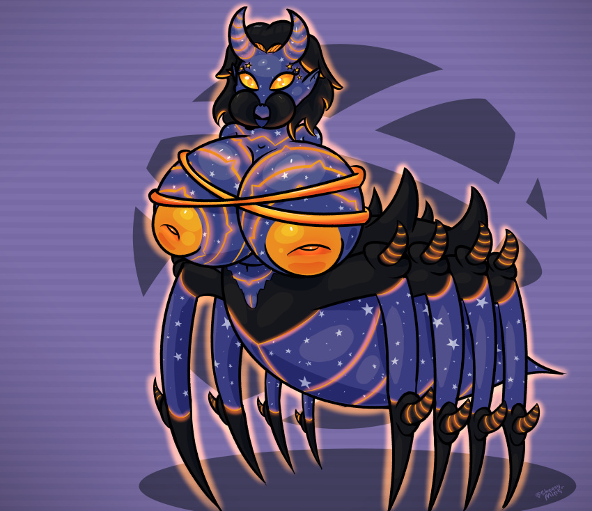 1girls 2022 anthro arachne arachnid areolae arms_crossed belly_button black_hair breasts_bigger_than_head cheesymint chelicerae cosmic_skin demon demon_girl demon_horns fangs fiery_eyes glowing glowing_eyes glowing_pussy hair_highlights highlights_(coloring) horns huge_breasts huge_nipples inverted_nipples khali_(spider) multi_eye nipples nude nude_female orange_eyes orange_highlights orange_nipples original pointy_ears purple_skin short_hair solo space spider spider_eyes spider_girl spider_taur spikes star_eyes stars vagina wavy_hair