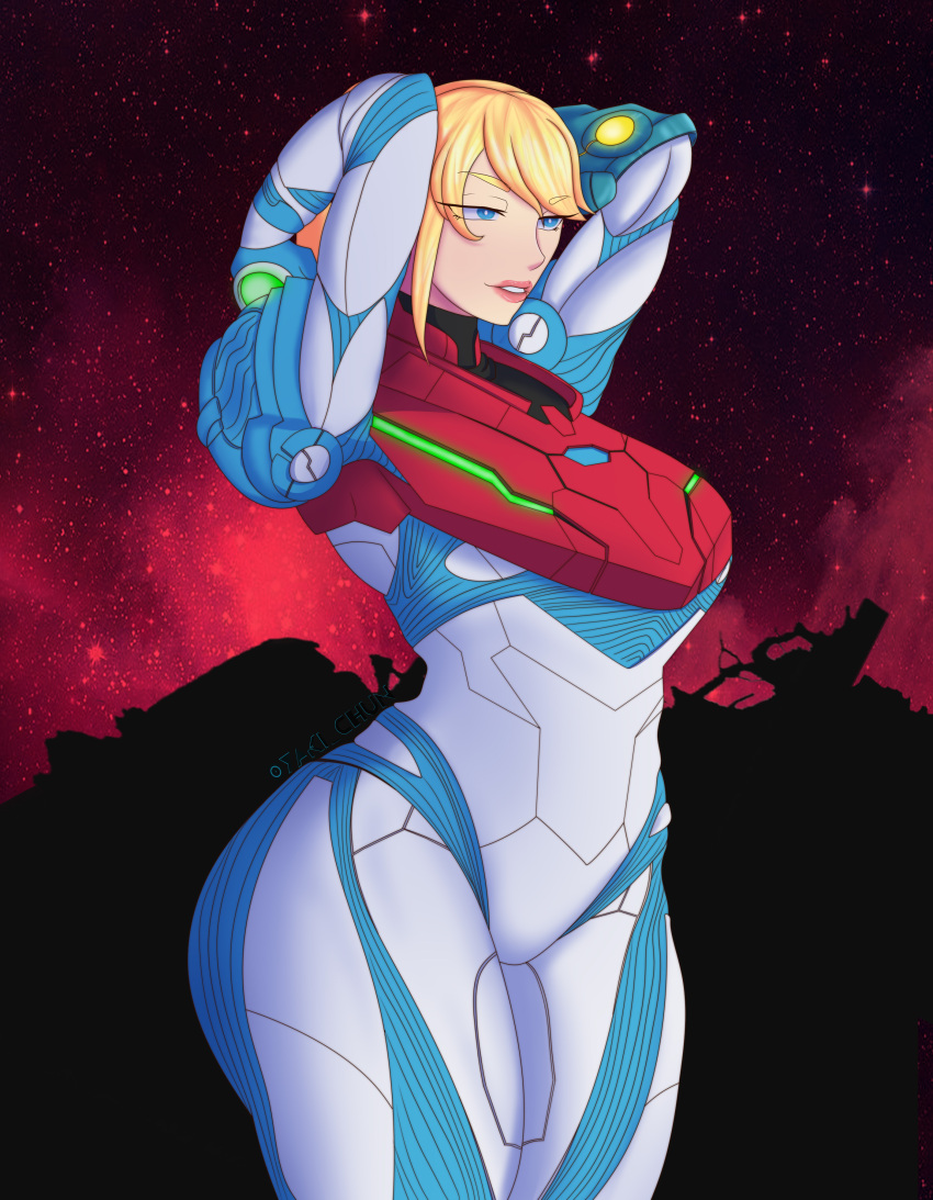 1girls armor armored_samus bigduck blonde_hair blue_eyes huge_ass huge_breasts metroid metroid_dread nintendo power_armor power_suit samus_aran tagme