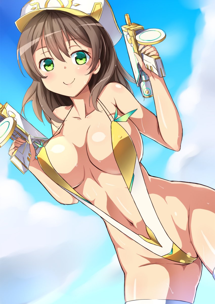 1girls barely_clothed barely_visible_genitalia barely_visible_pussy beach blackcony breasts brown_hair clouds cowboy_shot day daytime female female_focus female_only forseti_(kamihime) green_eyes hat holding_gun holding_object huge_breasts kamihime_project kamihime_project_r large_breasts looking_at_viewer nipples_visible_through_clothing pussy_visible_through_clothes pussy_visible_through_panties sling_bikini sling_swimsuit slingshot_swimsuit smile solo solo_female solo_focus stockings tagme thighhighs water_gun