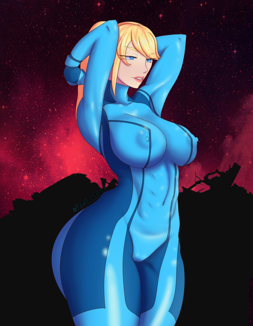 1girls bigduck blonde_hair blue_bodysuit blue_eyes bodysuit breasts huge_ass huge_breasts metroid nintendo nipple_bulge samus_aran tagme zero_suit zero_suit_samus