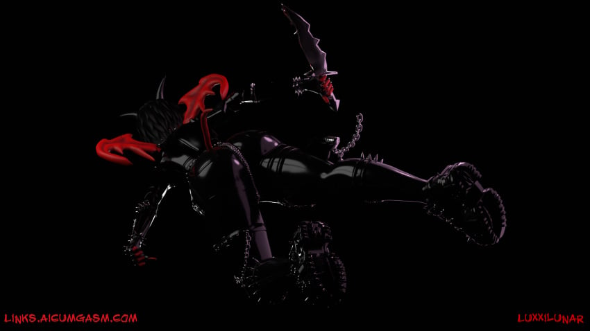 1boy 3d ass assassin attacking aval big_ass big_butt black_hair bracelet bubble_butt chains cute demon femboy feminine_male flying goth goth_shoes jacket knife latex latex_clothing latex_jacket latex_leggings latex_suit luxxilunar male male_only platform_shoes red_skin round_ass shiny slim_waist small_waist solo spiked_collar spikes studs thick_thighs thighs thin_arms