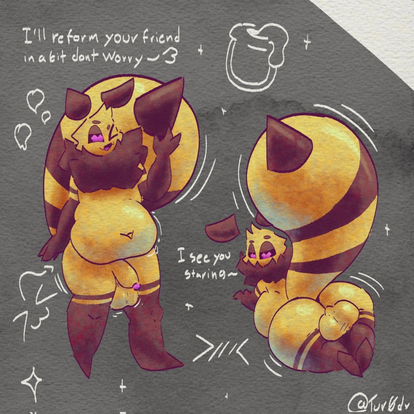 anthro arthropod ass backsack balls bee belly butt_jiggle genitals hi_res hymenopteran insects jiggling male meli_(tur0_dx) one_eye_closed presenting presenting_hindquarters reformation sentient_fat solo tur0_dx vore wink x_pupils yellow_body