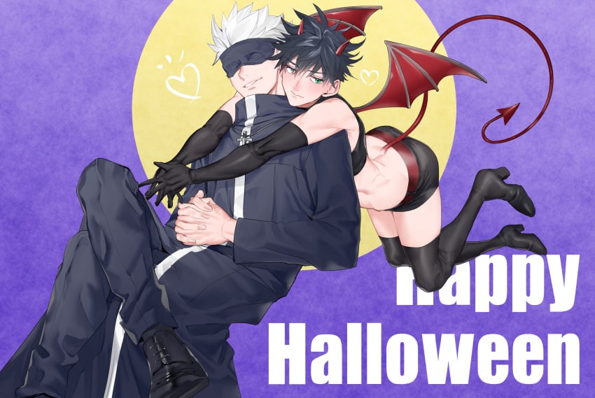 2boys cross femboy feminine_male fushiguro_megumi gay gloves green_eyes halloween horns hugging_from_behind iinikukuiita incubus jujutsu_kaisen male male/male male_only robe satoru_gojo short_shorts shorts skin_tight succubus_(male) succubus_costume succubus_horns succubus_tail succubus_wings tail twink wings yaoi