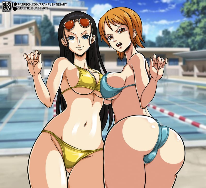 2girls ass bikini blue_bikini breasts cameltoe female female_only franfuentesart2 looking_at_viewer nami nico_robin one_piece orange_hair post-timeskip pre-timeskip sunglasses sunglasses_on_head time_paradox yellow_bikini