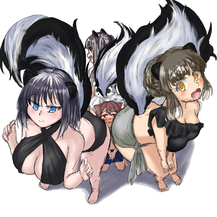 1boy 3girls ass_on_face ass_sniffing ass_worship bangs bending_forward between_ass big_ass big_breasts bikini blush catboy hands_on_knees shinzanmono_(shinzanmono108) short_hair simple_background size_difference skunk skunk_ears skunk_girl skunk_tail smothering sniffing_ass swimsuit white_background