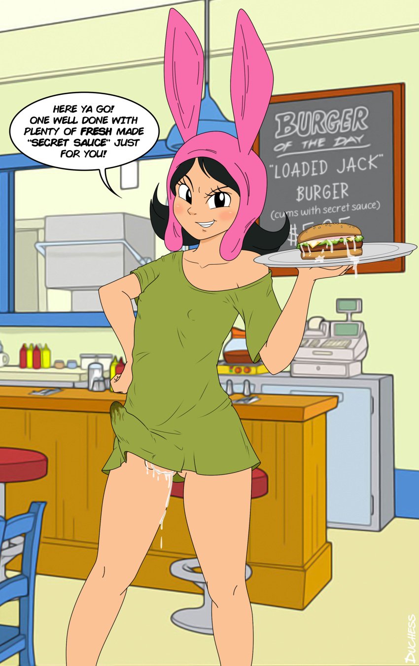 1futa 2022 aged_up big_penis bob's_burgers bottomless bulge_through_clothing casual clothed clothing cum_on_food dialogue duchess_(artist) english_text erection erection_under_clothes futa_only futanari human intersex light-skinned_futanari light_skin louise_belcher mostly_clothed pale_skin public solo standing tenting text young