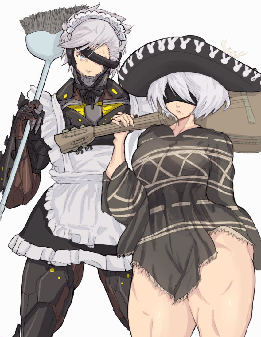 1boy 1girls big_breasts blindfold costume_switch female funny konami maid maid_uniform metal_gear metal_gear_rising muscular muscular_female muscular_male nier nier:_automata nier_(series) raiden raiden_(metal_gear) saucy_jack see-through see-through_clothing short_dress sombrero thick_thighs yoracrab yorha_2b