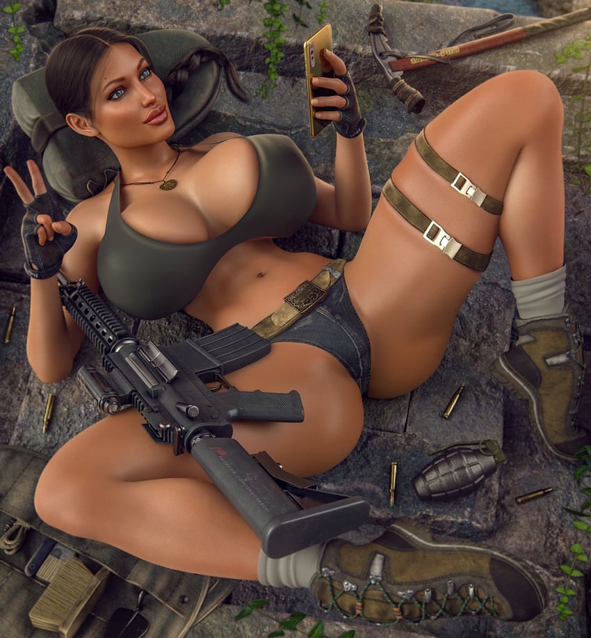 1girls 3d angelina_jolie ankle_socks anklehighs ass athletic athletic_female bare_midriff big_breasts bimbo blue_eyes braid breasts brown_hair bubble_butt busty cleavage crop_top daisy_dukes female female_focus female_only fingerless_gloves full_body fully_clothed hourglass_figure jean_shorts lara_croft lara_croft_(angelina_jolie) long_hair navel selfie shockabuki skimpy skimpy_clothes socks solo spread_legs tagme thick_thighs tomb_raider v_sign white_socks wide_hips