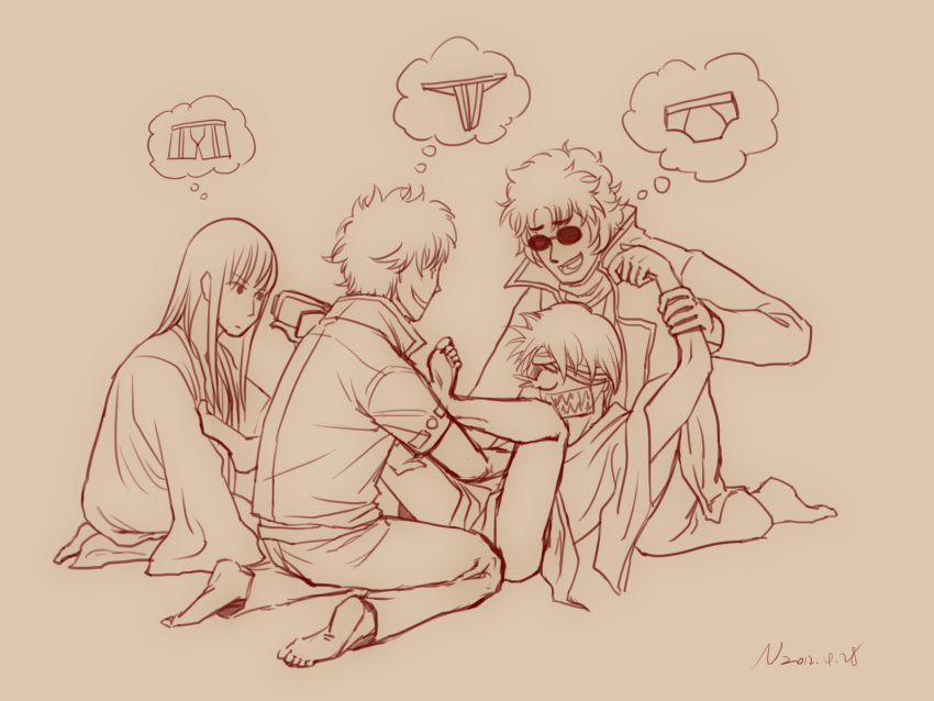 4boys angry arm_grab assisted_exposure barefoot camera feet_up foursome gintama gintoki_sakata hangleing joui_4 katsura_kotarou legs_up long_hair_male male male_only mmmm_foursome monochrome multiple_doms recording restrained sakamoto_tatsuma sexual_assault sexual_harassment sketch smile sunglasses takasugi_shinsuke undressing_another yaoi