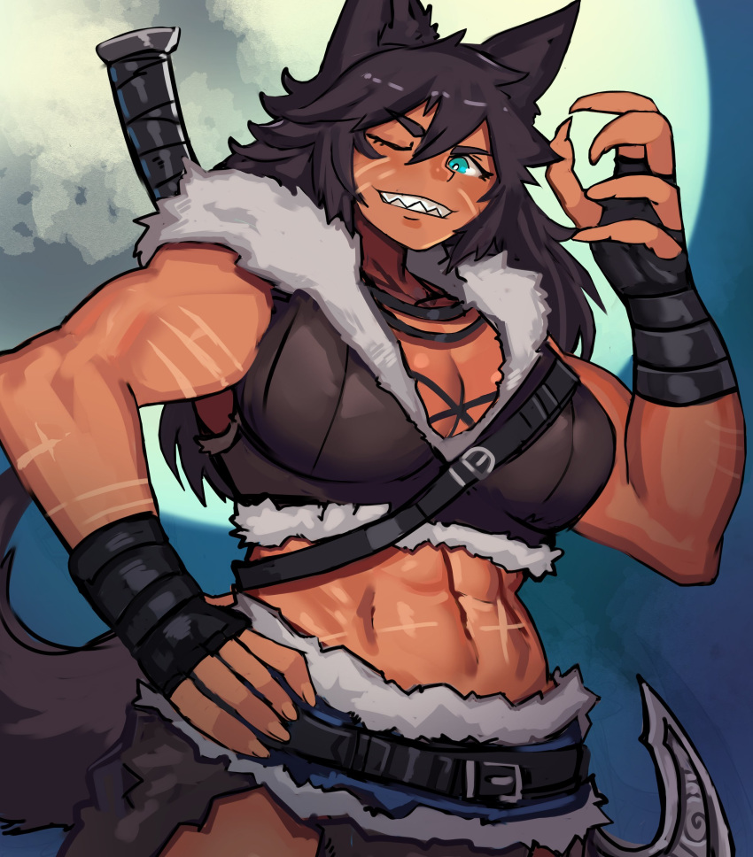 1girls 2022 abs axe belt belt_buckle big_breasts black_ears black_fur black_hair breasts busty cleavage clothed clothed_female clothing covered_breasts cyan_eyes eyebrows eyelashes ezzyecchi female female_focus female_only fingerless_gloves fit fit_female fur_clothing gloves hair hi_res highres large_breasts light_skin long_hair looking_at_viewer looking_down looking_down_at_viewer moon muscular muscular_arms muscular_female navel night one_eye_closed original original_character outside scar scared scars scars_all_over scars_on_face sharp_claws sharp_fingernails sharp_teeth six_pack solo solo_female solo_focus standing stomach teeth teeth_showing toned toned_female toned_stomach weapon_on_back wolf wolf_ears wolf_girl wolf_tail