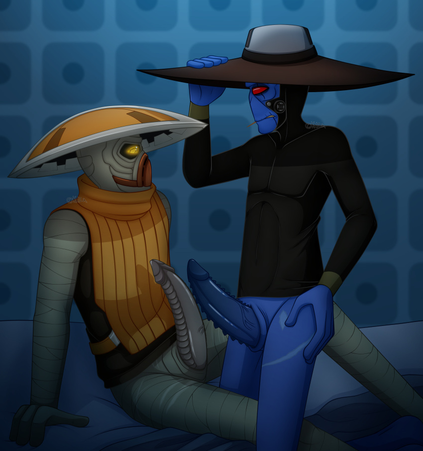 absurd_res alien alien_anatomy bounty_hunter cad_bane comparing dick_ridges duo duros duros_(species) embo_(star_wars) erection hi_res humanoid invalid_tag kyuzo_(species) male male/male mlm pantsless partial_nudity retractable_penis scalie star_wars star_wars:_the_clone_wars swtcw