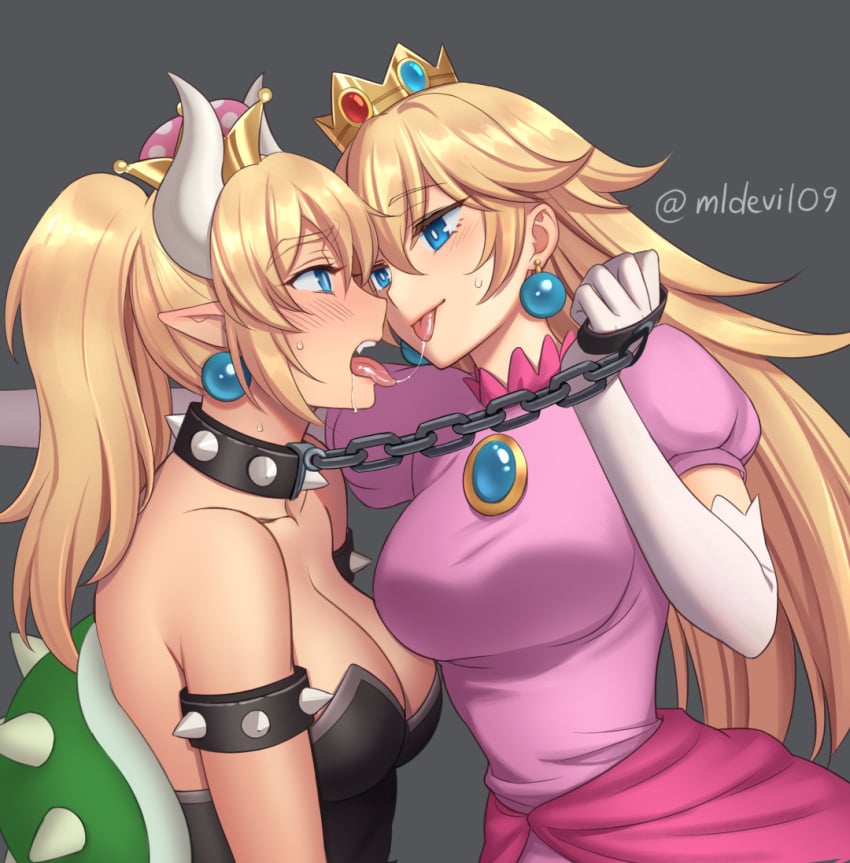 2girls after_kiss armlet black_dress blonde_hair blue_eyes bowsette breasts brooch chain_leash collar crown dress earrings elbow_gloves female female_only femdom fully_clothed gloves horns kissing large_breasts leash leash_pull long_hair mario_(series) multiple_girls mylovelydevil new_super_mario_bros._u_deluxe nintendo pink_dress ponytail princess_peach role_reversal saliva saliva_string saliva_trail size_difference slave small_dom_big_sub spiked_armlet spiked_collar strapless_dress super_crown super_mario_bros. tongue_out turtle_shell white_gloves yuri