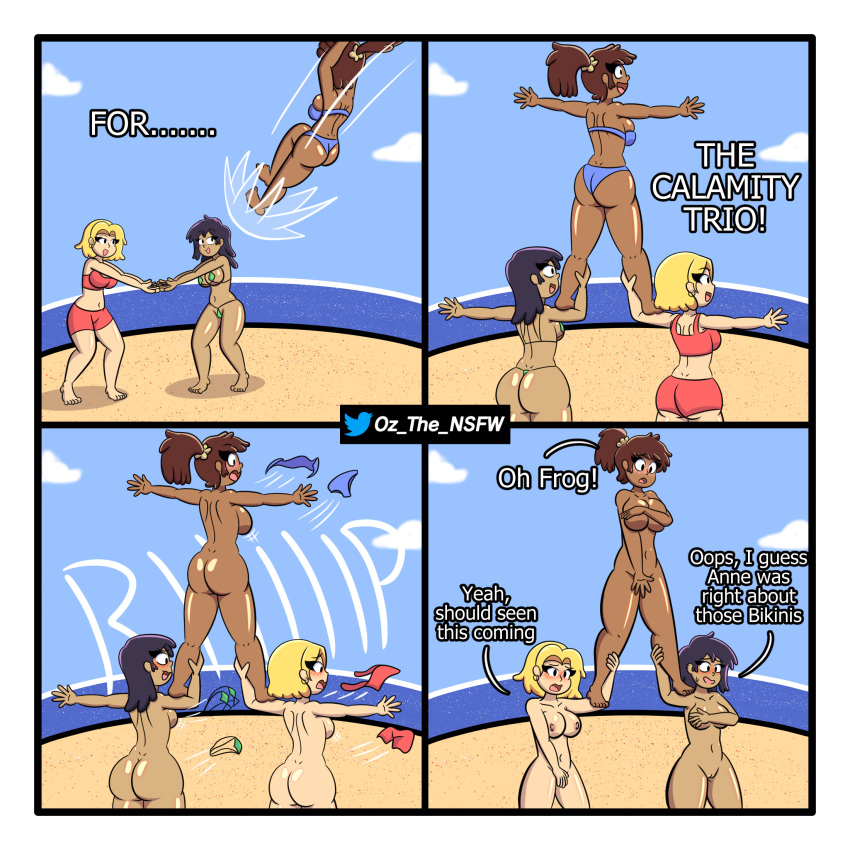 3girls adult aged_up amphibia amphibia_(finale) anne_boonchuy artist_name ass ass_focus beach bikini bikini_malfunction blush bottomless clothing comic comic_page comic_panel commission completely_nude completely_nude_female covering dat_ass dialogue disney disney_channel embarrassed embarrassed_nude_female enf exhibitionism exposed female female_focus female_only human_pyramid marcy_wu multiple_girls nude oz_the_freak page_2 performance pop_goes pop_goes_the_ed public_nudity ripped_bikini ripped_clothing sasha_waybright shocked shocked_expression smooth_skin streaking swimsuit swimwear text tight_clothing tight_fit topless trio trio_focus twitter_username undressed voluptuous wardrobe_malfunction