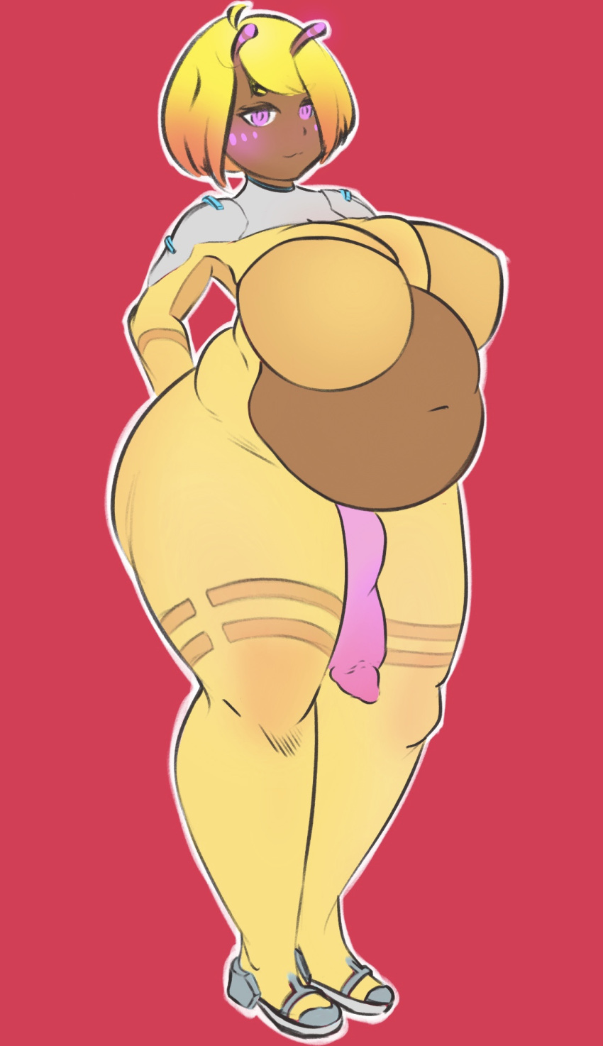 1futa ahoge alien alien_humanoid antennae_(anatomy) bedroom_eyes belly big_belly big_penis blush bodysuit bottomless breasts brown_body brown_skin clothed clothing curvy_figure fan_character flaccid flat_colors futa_only futanari genitals hair half-erect herm hi_res huge_breasts human humanoid hyper hyper_belly intersex m1rooo mammal mostly_clothed multicolored_hair narrowed_eyes ovipositor ovipositor_penis penis pregnant pregnant_futa purple_eyes seductive short_hair simple_background skinsuit solo standing stomach_bulge thick_thighs tight_clothing voluptuous