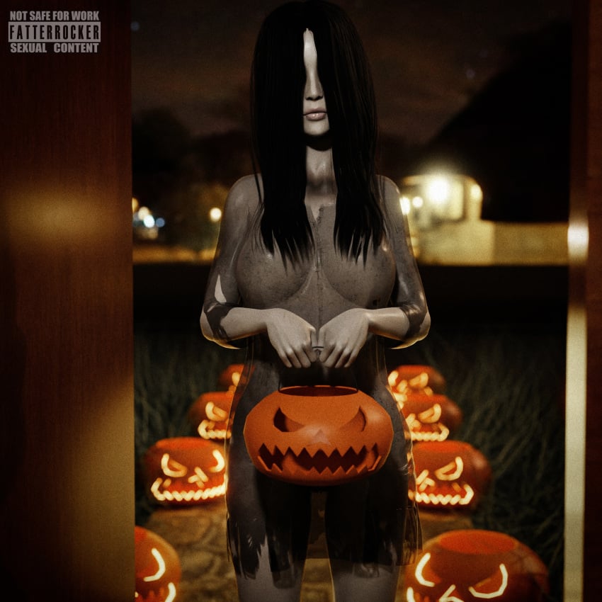 1girls 3d big_breasts black_hair breasts fatterrocker female ghost ghost_girl hair_covering_eyes halloween long_hair pale-skinned_female pale_skin the_ring yamamura_sadako