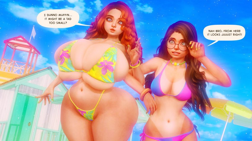 2girls 3d beach big_breasts bikini dialogue glasses huge_breasts large_breasts massive_breasts milkies speech_bubble swimsuit text tight_clothing