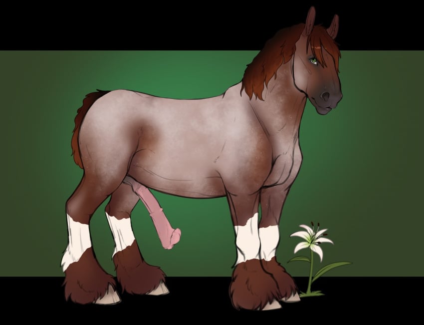 angellsview3 animal_genitalia animal_penis brown_hair brown_mane brown_tail digital_media_(artwork) draft_horse equid equine equine_penis erection feathering feral flared_penis flower fur genitals green_eyes hair hooves horse looking_at_viewer male mammal mane medial_ring penis pink_penis plant simple_background solo trent_(wasen)