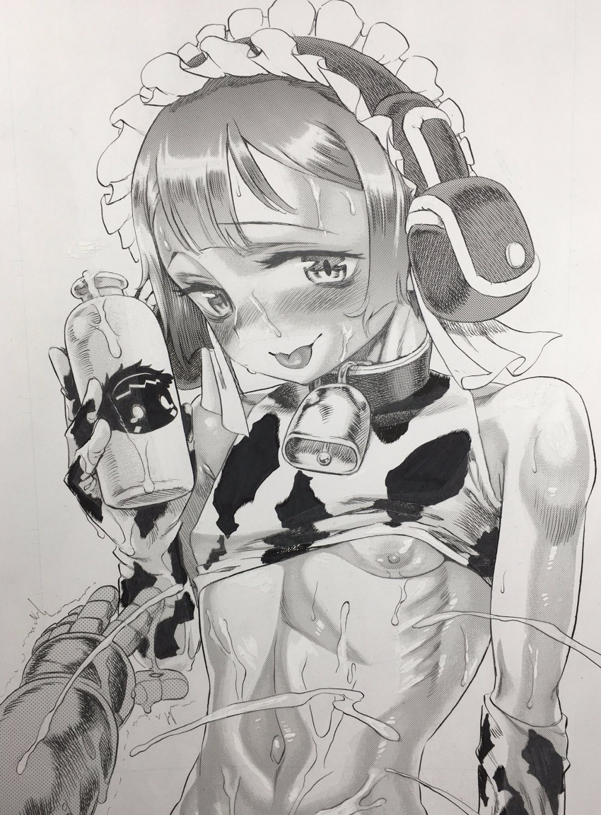 blush canon_crossdressing cow_print cow_print_armwear cowbell crossdressing cum cum_on_body ejaculation femboy gloves kikimolaru looking_at_viewer made_in_abyss maid_headdress male male_only marulk milk monochrome pov reg screentone shirt_up short_hair smile solo_focus tongue_out traditional_media_(artwork) upper_body yaoi