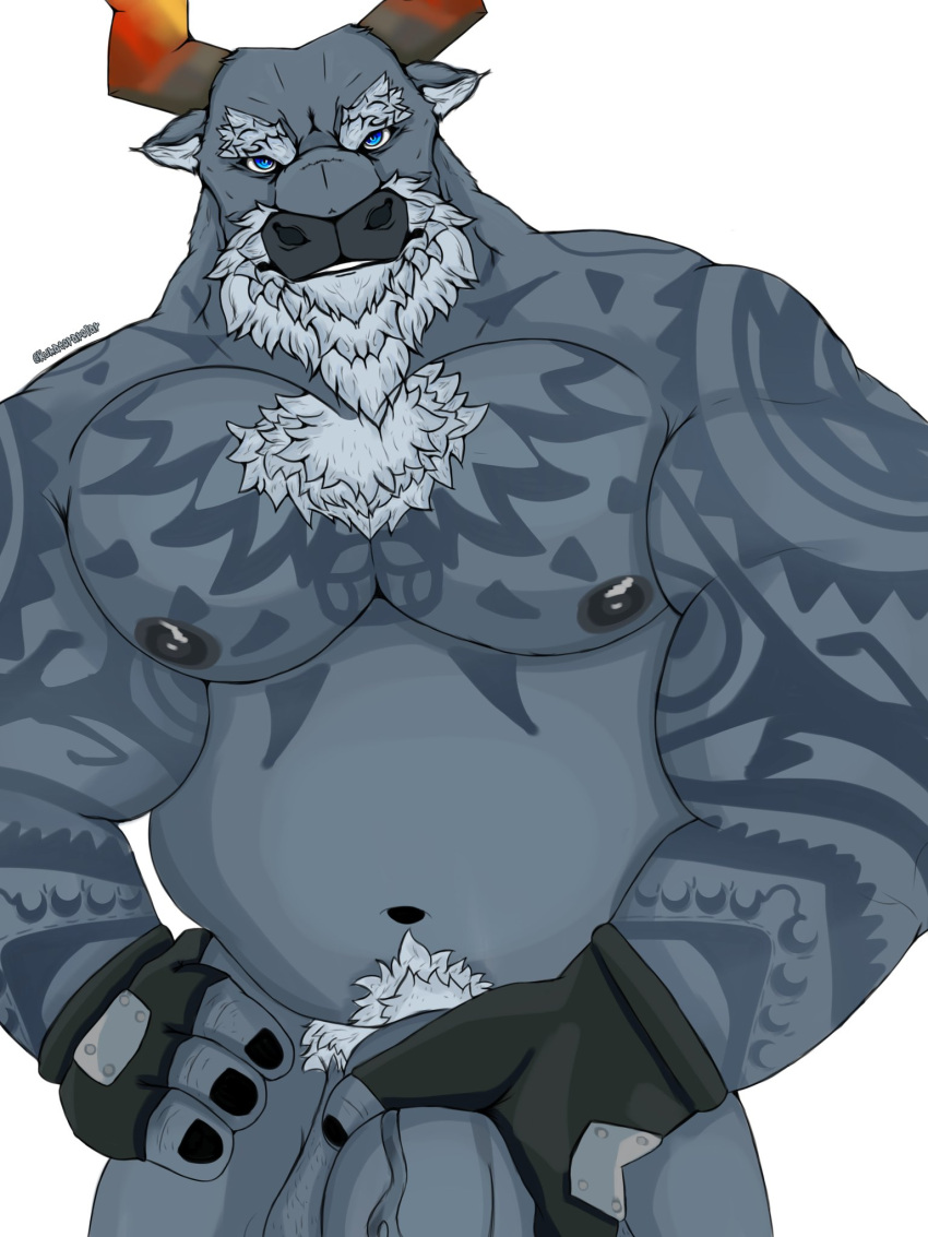 anthro beard blue_eyes bovid bovine cattle clothing dislyte djoser_(dislyte) eyebrows facial_hair fingerless_gloves gloves handwear hi_res horn kumatorapolar male male_only mammal nipples pecs pubes solo tattoo white_beard white_eyebrows white_pubes