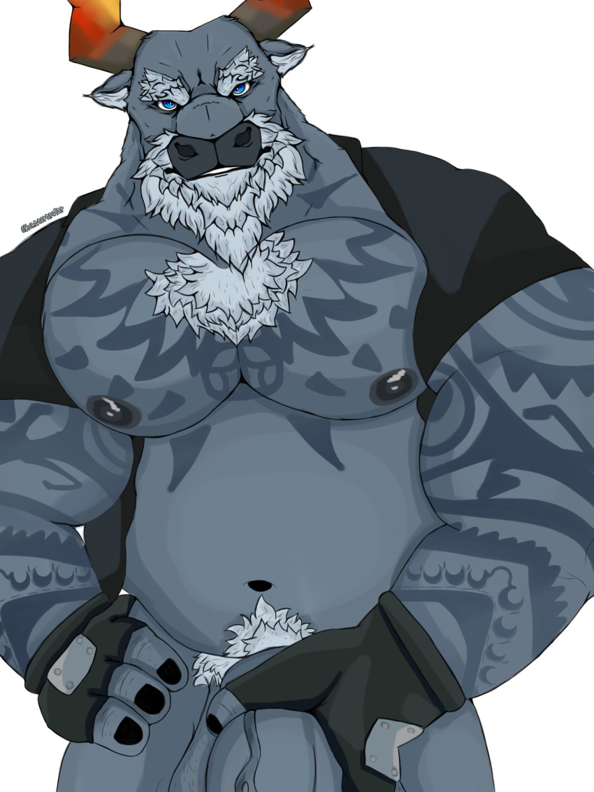 anthro beard blue_eyes bovid bovine cattle clothing dislyte djoser_(dislyte) eyebrows facial_hair fingerless_gloves gloves handwear hi_res horn kumatorapolar male male_only mammal nipples pecs pubes shirt solo tattoo topwear white_beard white_eyebrows white_pubes