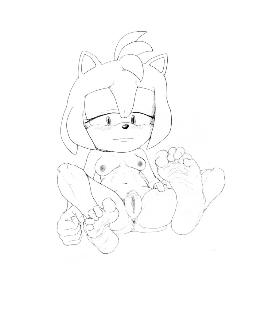 1girls amy_rose anthro blush breasts feet female foot_fetish looking_away monochrome mrguy820 no_gloves pubic_hair pussy solo sonic_(series)