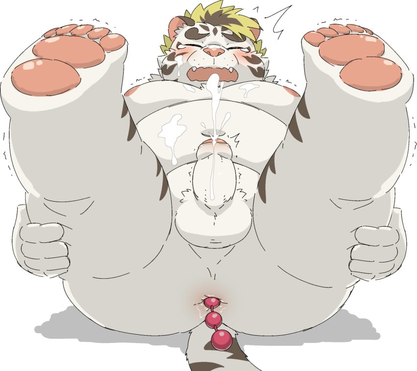 2022 anal anal_masturbation anthro ass balls blush bodily_fluids closed_eyes cum ejaculation erection felid genital_fluids genitals hi_res humanoid_hands kemono licho_(tokyo_afterschool_summoners) lifewonders male mammal masturbation overweight overweight_male pantherine penis ptcmtr sex_toy solo tiger tokyo_afterschool_summoners video_games white_body