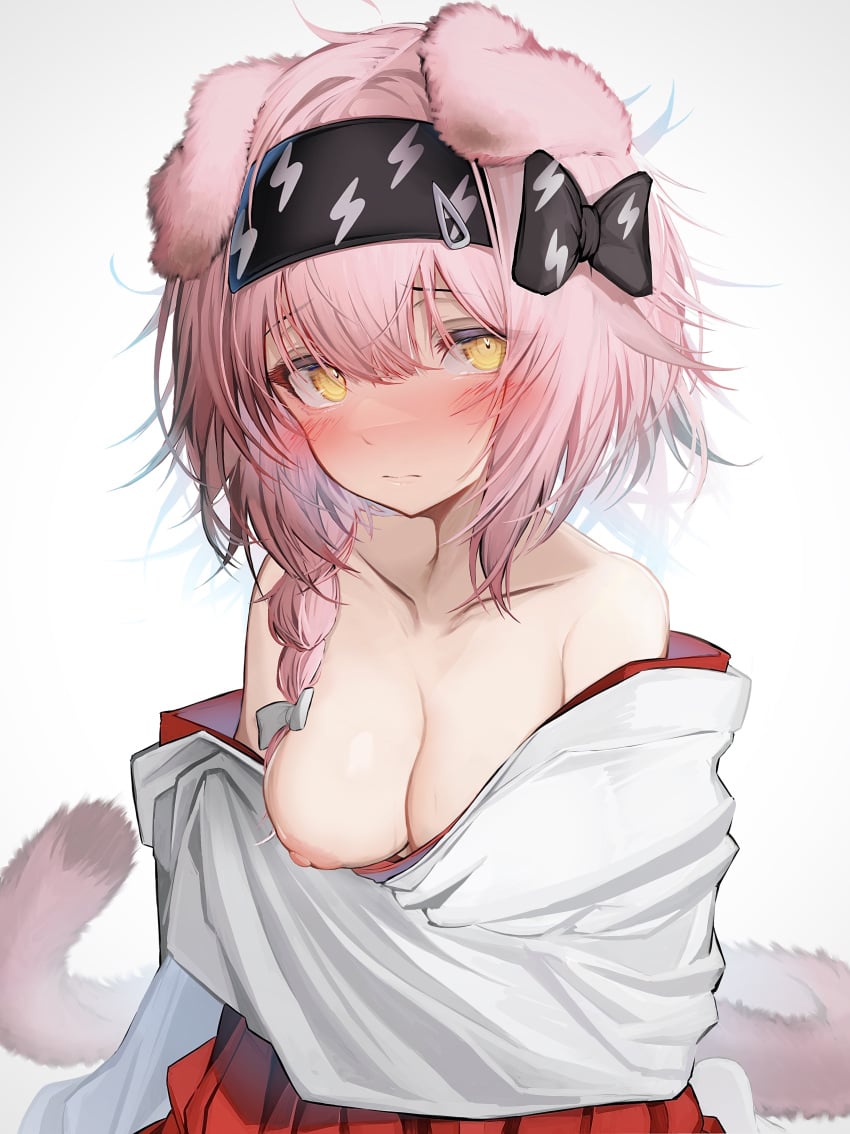 1girls animal_ear_fluff animal_ears arknights black_bow black_hairband blush braid breasts breasts_out cat_ears cat_girl cat_tail collarbone embarrassed floopy_ears fluffy_tail goldenglow_(arknights) hair_ornament hairband hairbow hairclip hakama japanese_clothes japanese_clothing light-skinned_female light_skin lightning_bolt_symbol long_sleeves medium_breasts nipples pink_hair short_hair shy side_braid simple_background solo solo_female tab_head tagme white_background white_bow wide_sleeves yellow_eyes