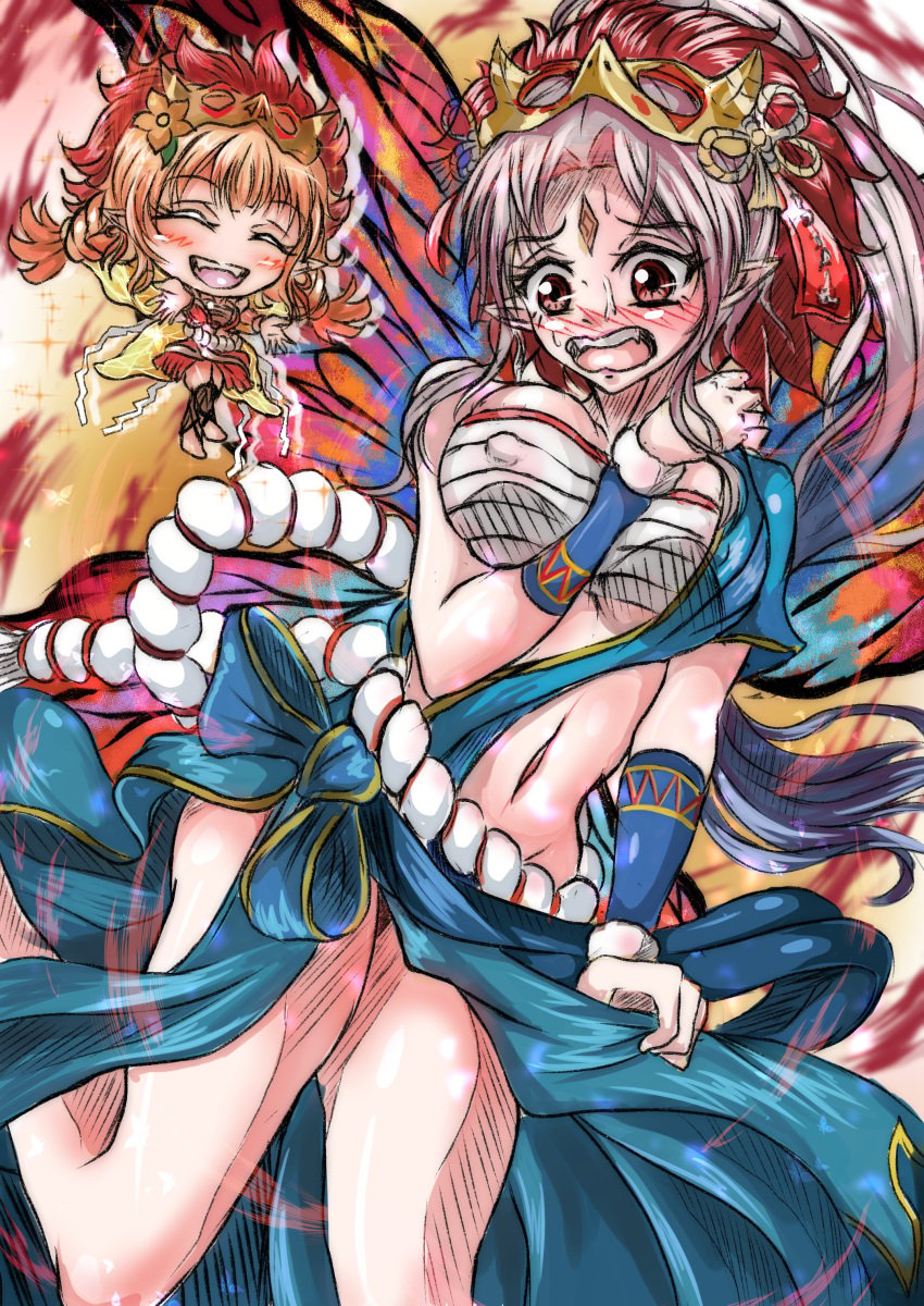 2girls alternate_costume bare_legs bare_midriff blush breasts chest_sarashi closed_eyes cosplay covered_nipples dancer dancing embarrassed fairy fairy_wings female female_only fire_emblem fire_emblem_heroes grey_hair large_breasts legs long_hair lyn_(fire_emblem)_(cosplay) mask midriff multicolored_hair multiple_girls nintendo no_panties official_alternate_costume open_mouth orange_hair peony_(fire_emblem) peony_(flame)_(fire_emblem) plumeria_(fire_emblem) pointy_ears ponytail red_eyes sarashi smile solo_focus violet_migu18