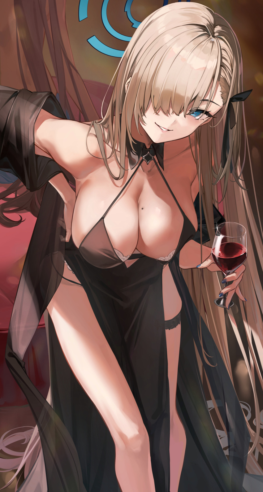 2girls 7gao absurd_res alcohol alternate_costume asuna_(blue_archive) bangs bare_shoulders bent_over black_dress blonde_hair blue_archive blue_eyes blue_nails bra breasts cleavage collarbone dress female female_only hair_over_one_eye highres lace large_breasts leaning_forward long_hair looking_at_viewer mole mole_on_breast nail_polish smile sunoril underwear very_long_hair white_bra wine wine_glass