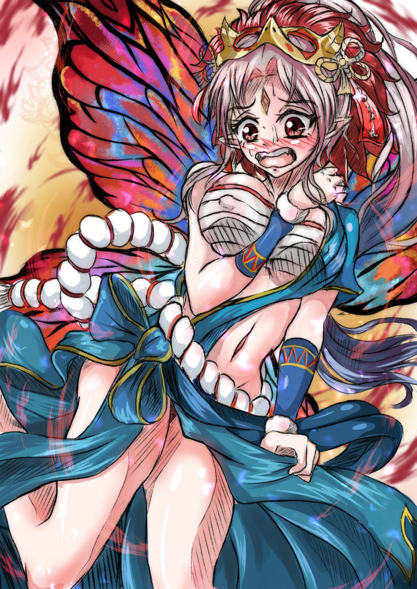 1girls alternate_costume bare_legs bare_midriff blush breasts chest_sarashi cosplay covered_nipples embarrassed fairy fairy_wings female female_only fire_emblem fire_emblem_heroes grey_hair large_breasts legs long_hair lyn_(fire_emblem)_(cosplay) mask midriff multicolored_hair nintendo no_panties open_mouth plumeria_(fire_emblem) pointy_ears ponytail red_eyes sarashi solo violet_migu18