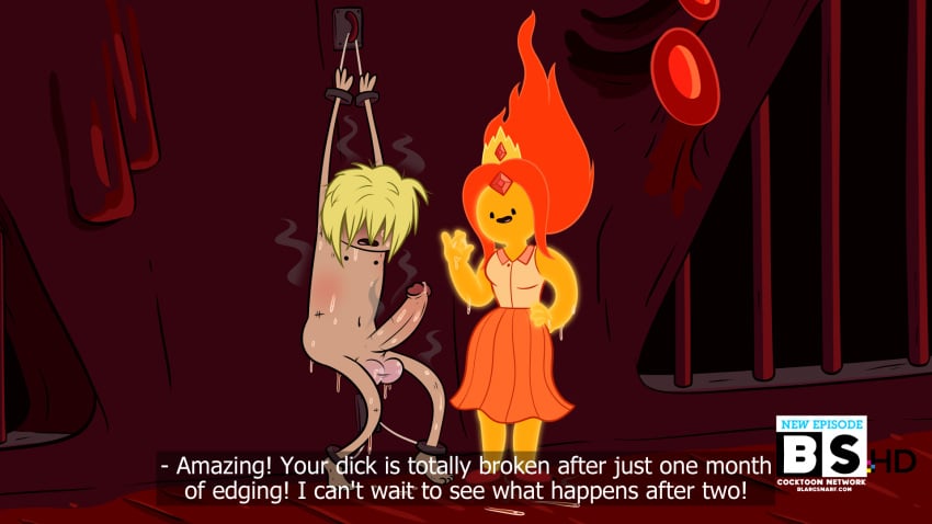 accurate_art_style adventure_time after_handjob blargsnarf clothed clothed_female clothed_female_nude_male crown edging english_text femdom finn_the_human flame_princess handcuffed restrained restrained_arms restrained_legs restrained_wrists tease teasing text