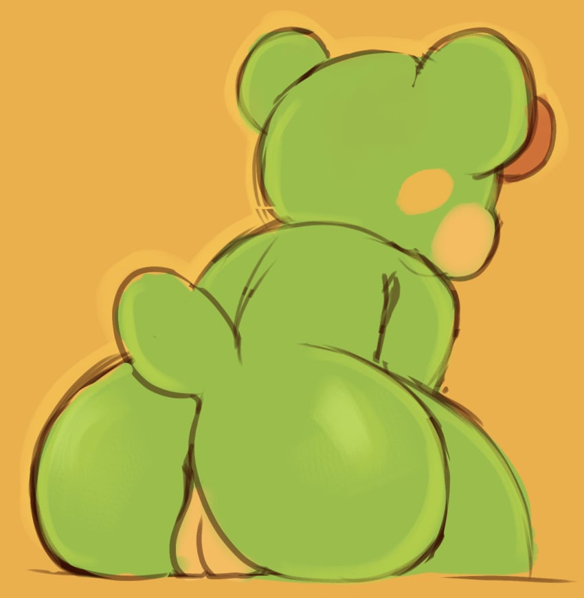 2021 animal_crossing anthro ass ass_focus bear_tail brown_hair charlise_(animal_crossing) cleft_of_venus female fur furry furry_only genitals green_body green_fur hair hi_res joooji looking_away mammal nintendo pussy rear_view simple_background sitting slightly_chubby solo squish tail ursid video_games yellow_body yellow_fur