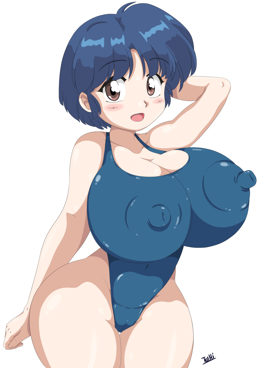 akane_tendo blue_hair erect_nipples erect_nipples_under_clothes gigantic_breasts huge_breasts large_breasts one-piece_swimsuit ranma_1/2 swimsuit toshiso