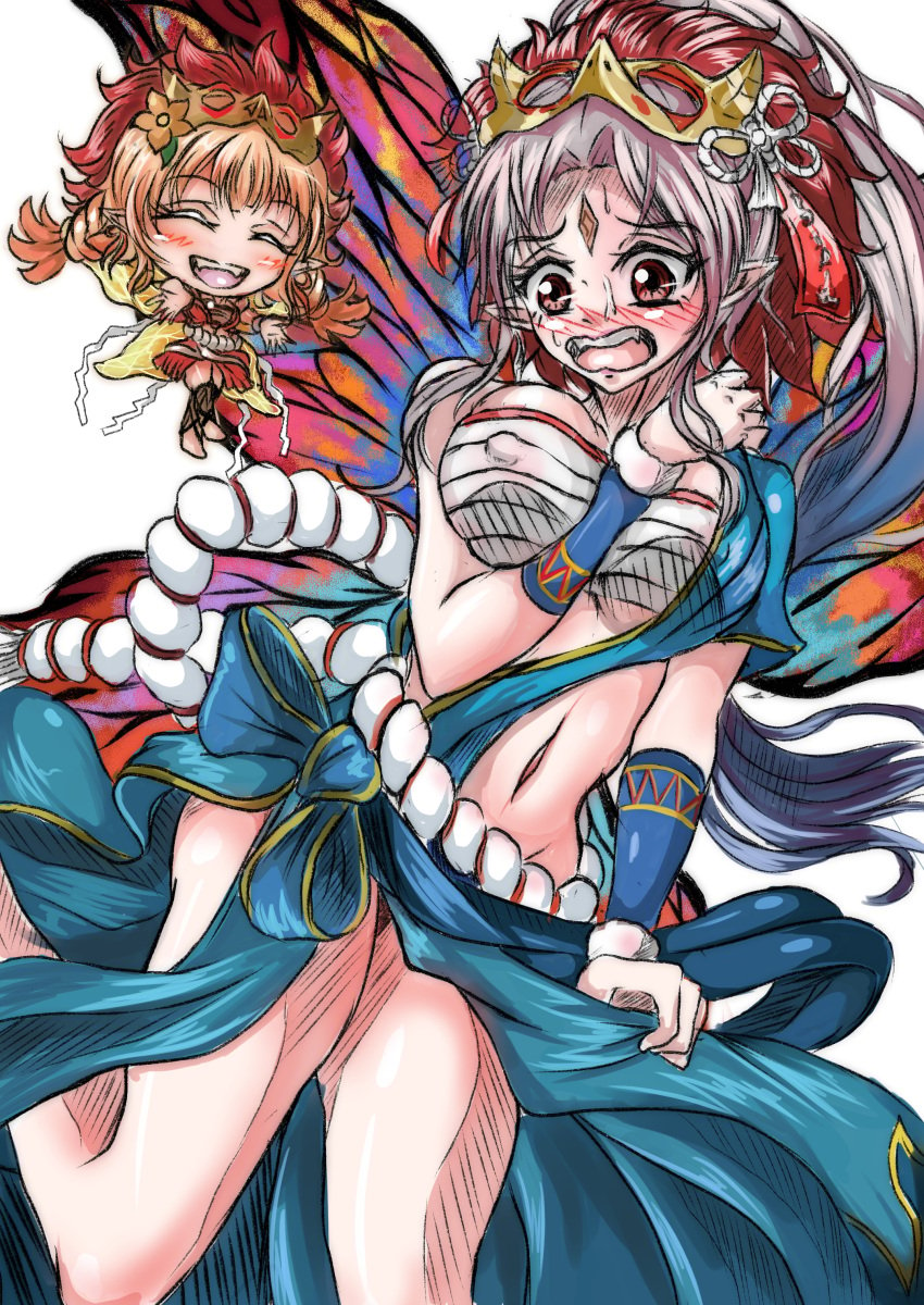 2girls alternate_costume bare_legs bare_midriff blush breasts chest_sarashi closed_eyes cosplay covered_nipples dancer dancing embarrassed fairy fairy_wings female female_only fire_emblem fire_emblem_heroes grey_hair large_breasts legs long_hair lyn_(fire_emblem)_(cosplay) mask midriff multicolored_hair multiple_girls nintendo no_panties official_alternate_costume open_mouth orange_hair peony_(fire_emblem) peony_(flame)_(fire_emblem) plumeria_(fire_emblem) pointy_ears ponytail red_eyes sarashi smile solo_focus violet_migu18 white_background