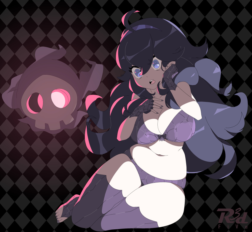 big_breasts breasts checkered_background chubby duskull hex_maniac lingerie long_hair open_mouth pokemon r3dfive sitting slightly_chubby spiral_eyes stockings underwear